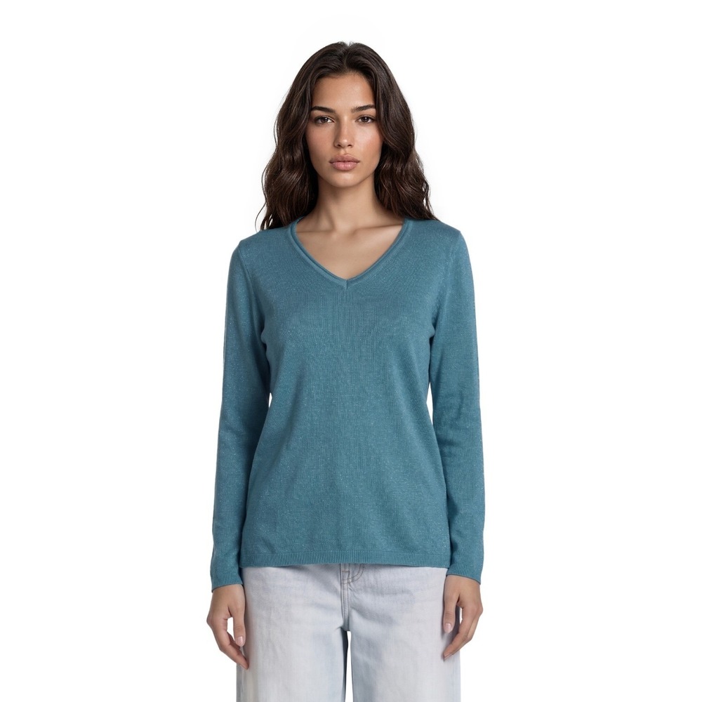 J.McLaughlin V-Neck Sweater Women's Size Medium Teal Blue Cotton Blend Textured
